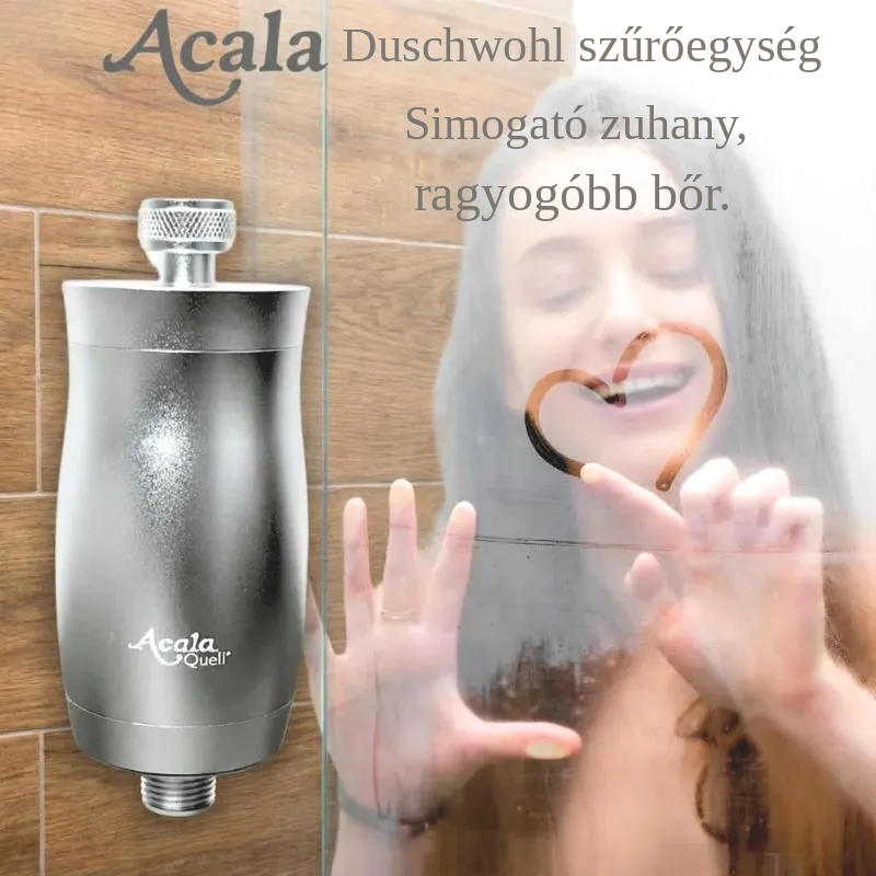 Zuhanyszűrő (Acala Duschwohl) zuhanyzás közben, gőzös üvegfalon